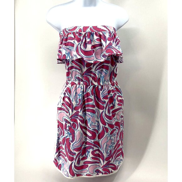 Womens Sporty Beach Strapless Pink Lobster Ruffled Cover Up Pockets Dress Sz L - Picture 2 of 14
